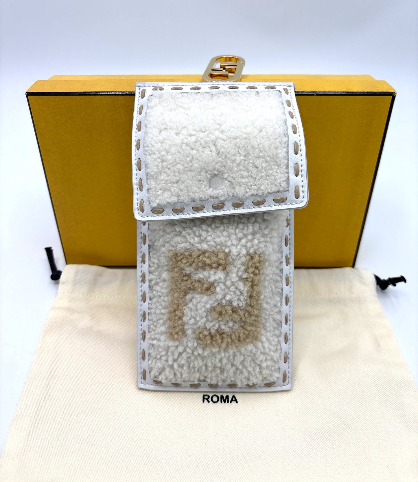 Fendi Phone Case in White Shearling & Leather