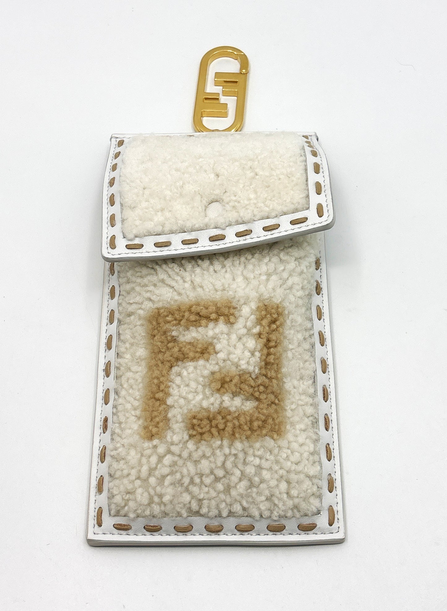 Fendi Phone Case in White Shearling & Leather