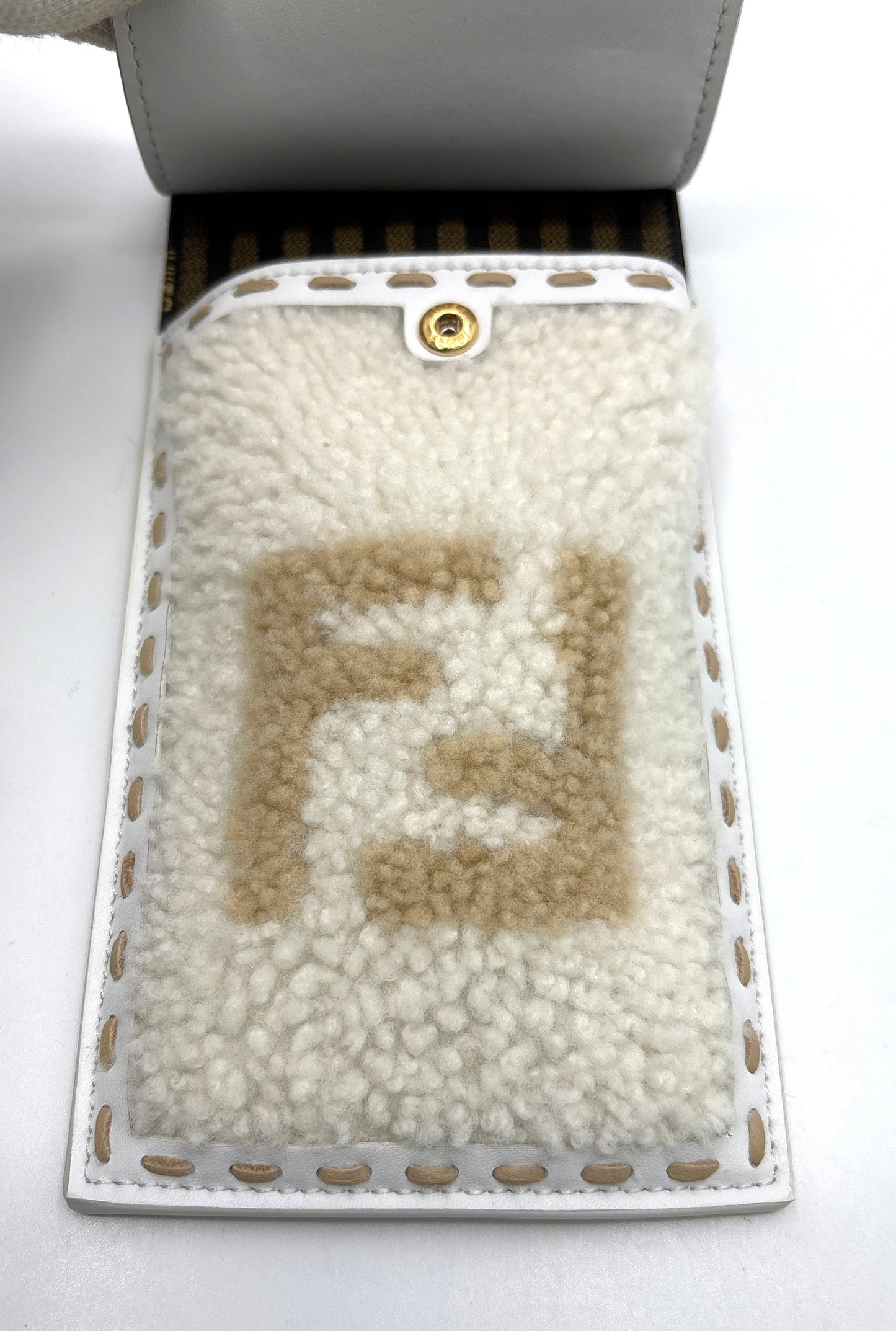 Fendi Phone Case in White Shearling & Leather
