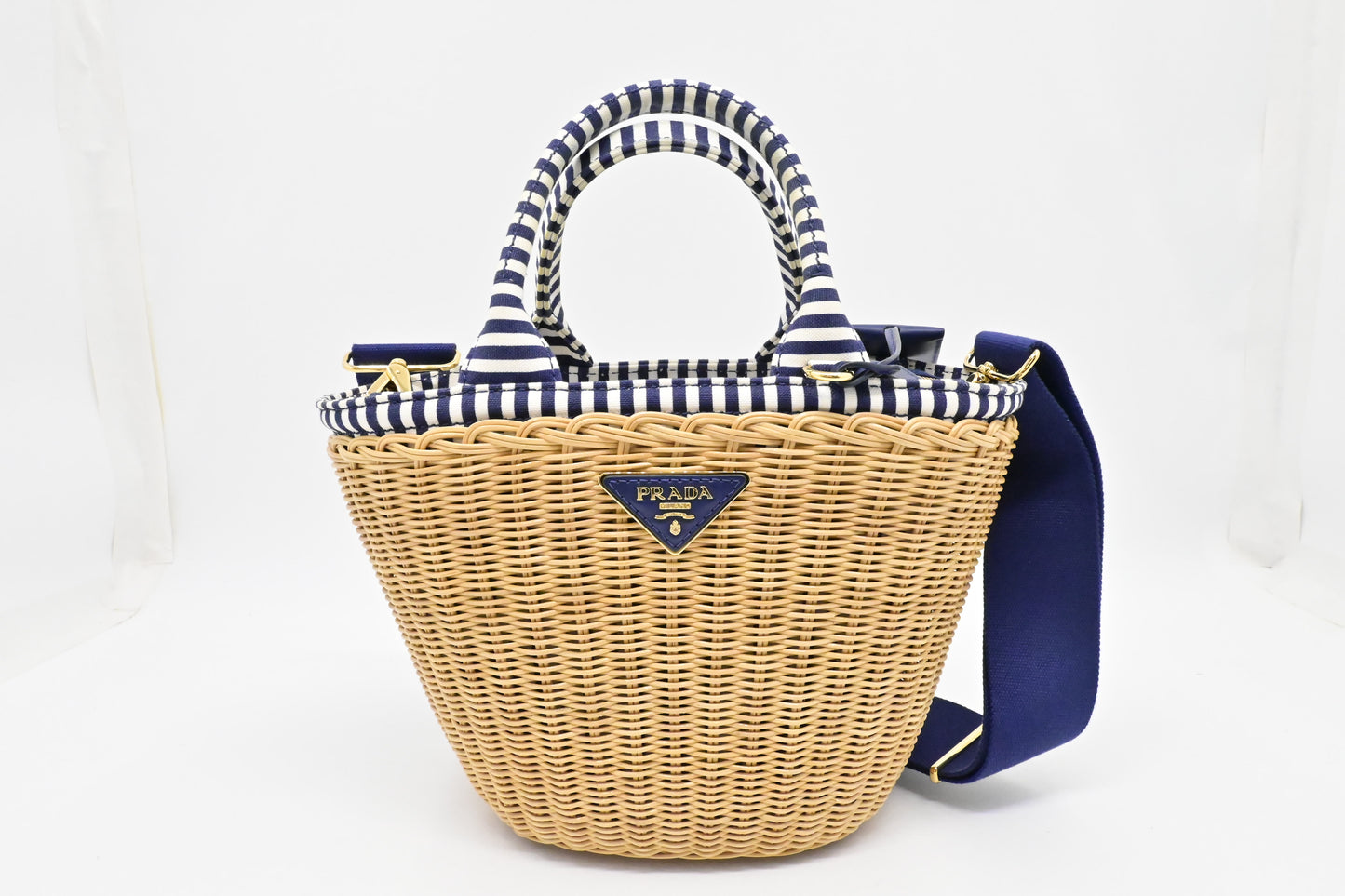 Prada Wicker Basket Bag in Blue & White Striped Canvas