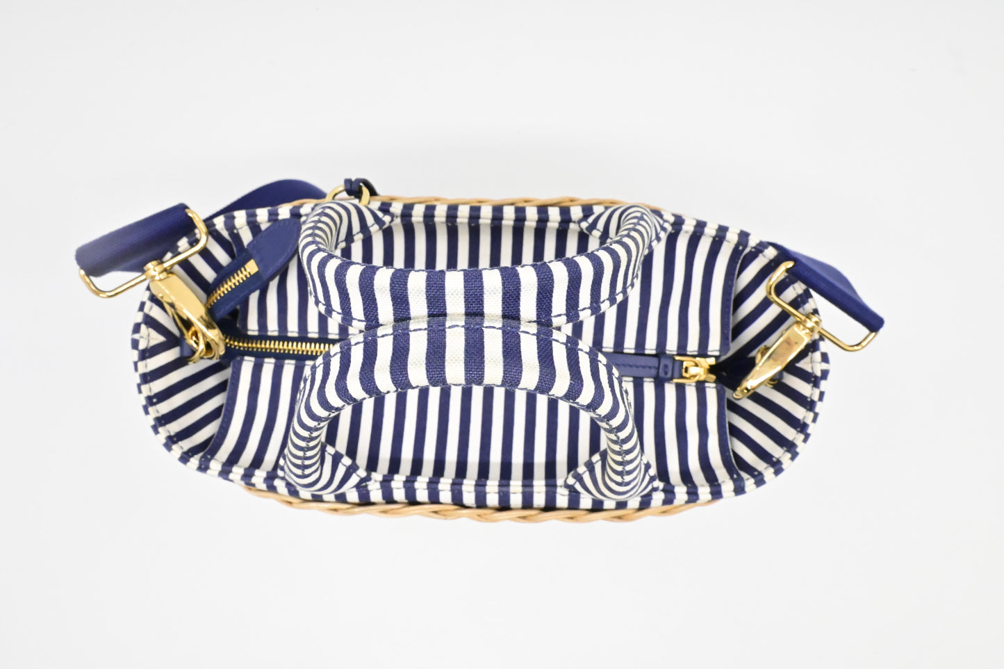 Prada Wicker Basket Bag in Blue & White Striped Canvas