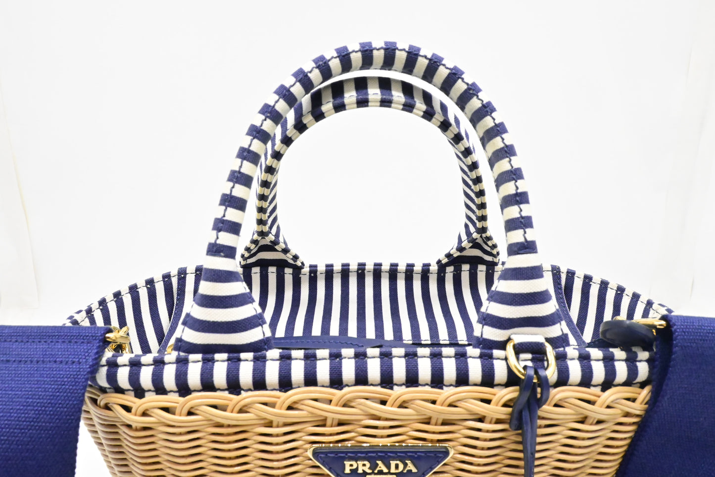 Prada Wicker Basket Bag in Blue & White Striped Canvas