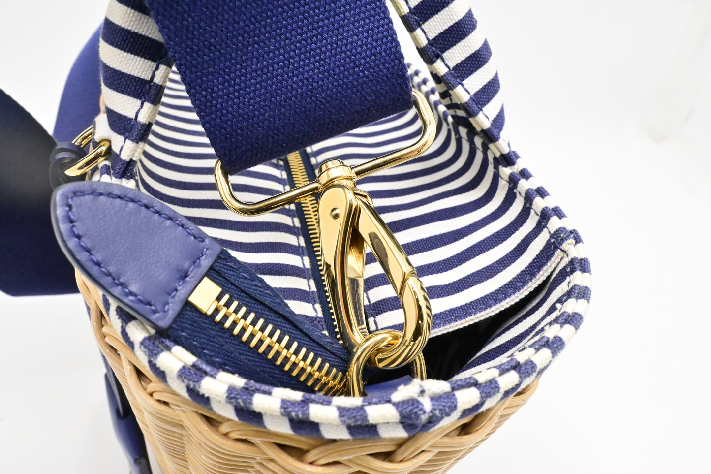 Prada Wicker Basket Bag in Blue & White Striped Canvas