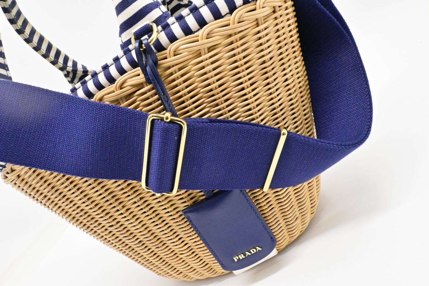 Prada Wicker Basket Bag in Blue & White Striped Canvas