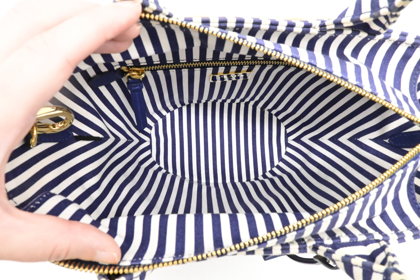 Prada Wicker Basket Bag in Blue & White Striped Canvas