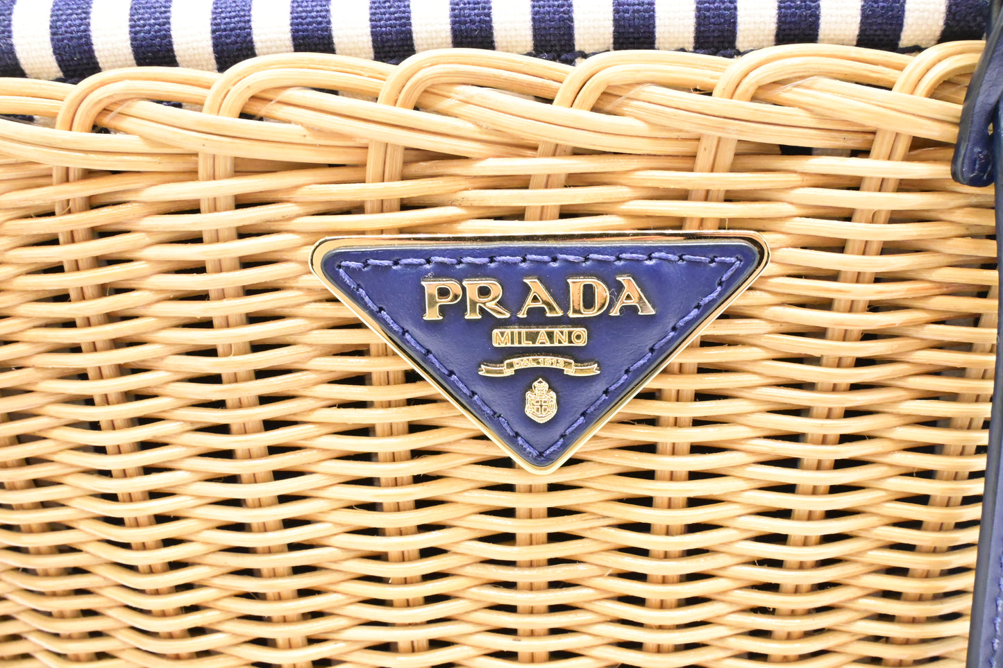 Prada Wicker Basket Bag in Blue & White Striped Canvas
