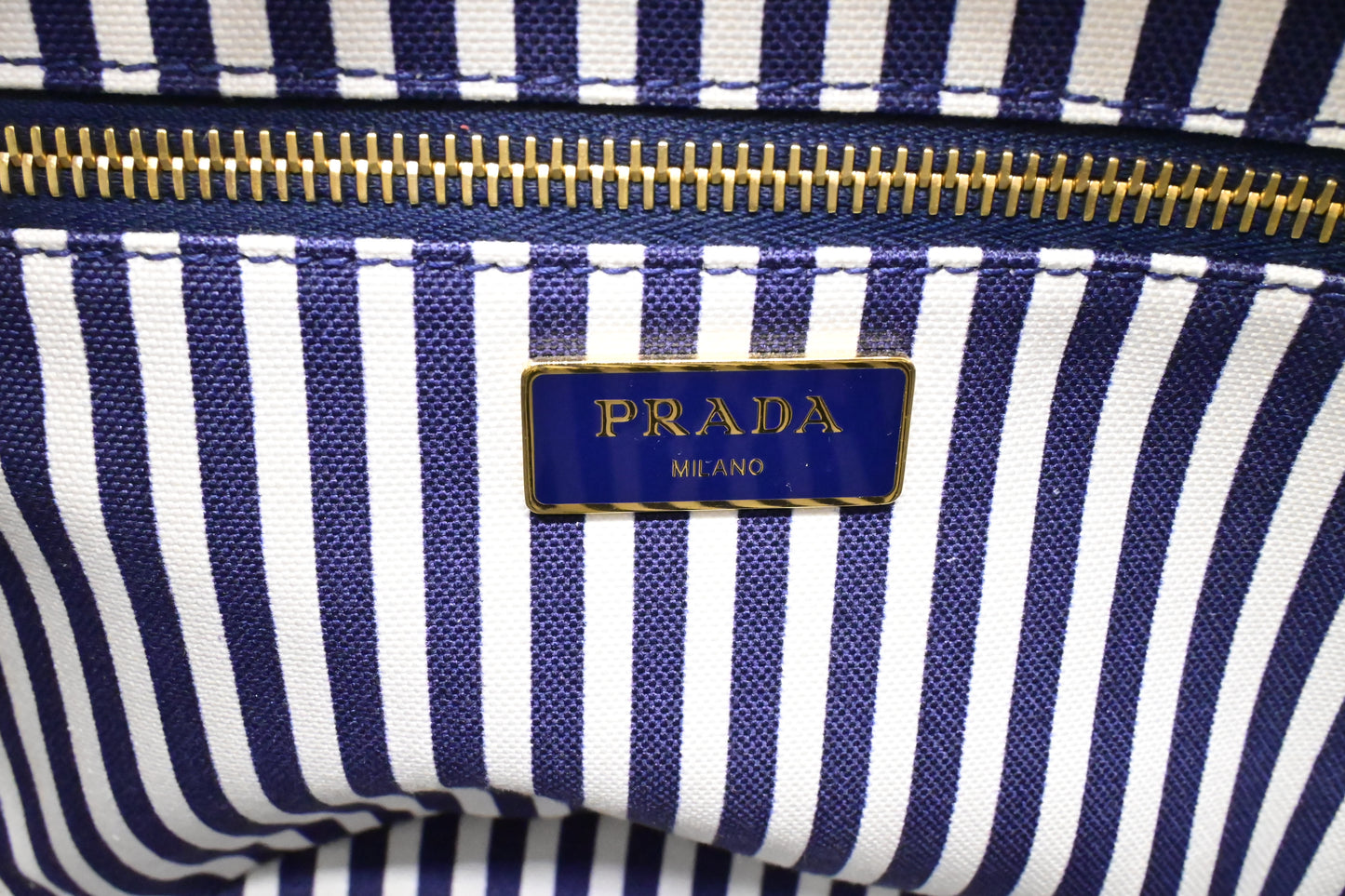 Prada Wicker Basket Bag in Blue & White Striped Canvas