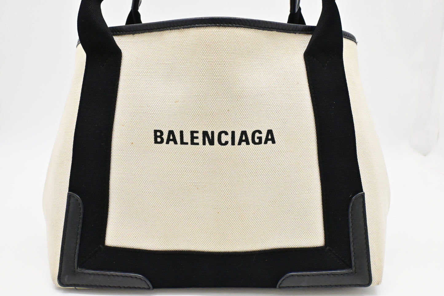 Balenciaga Medium Navy Cabas Tote in Ecru and Black Canvas