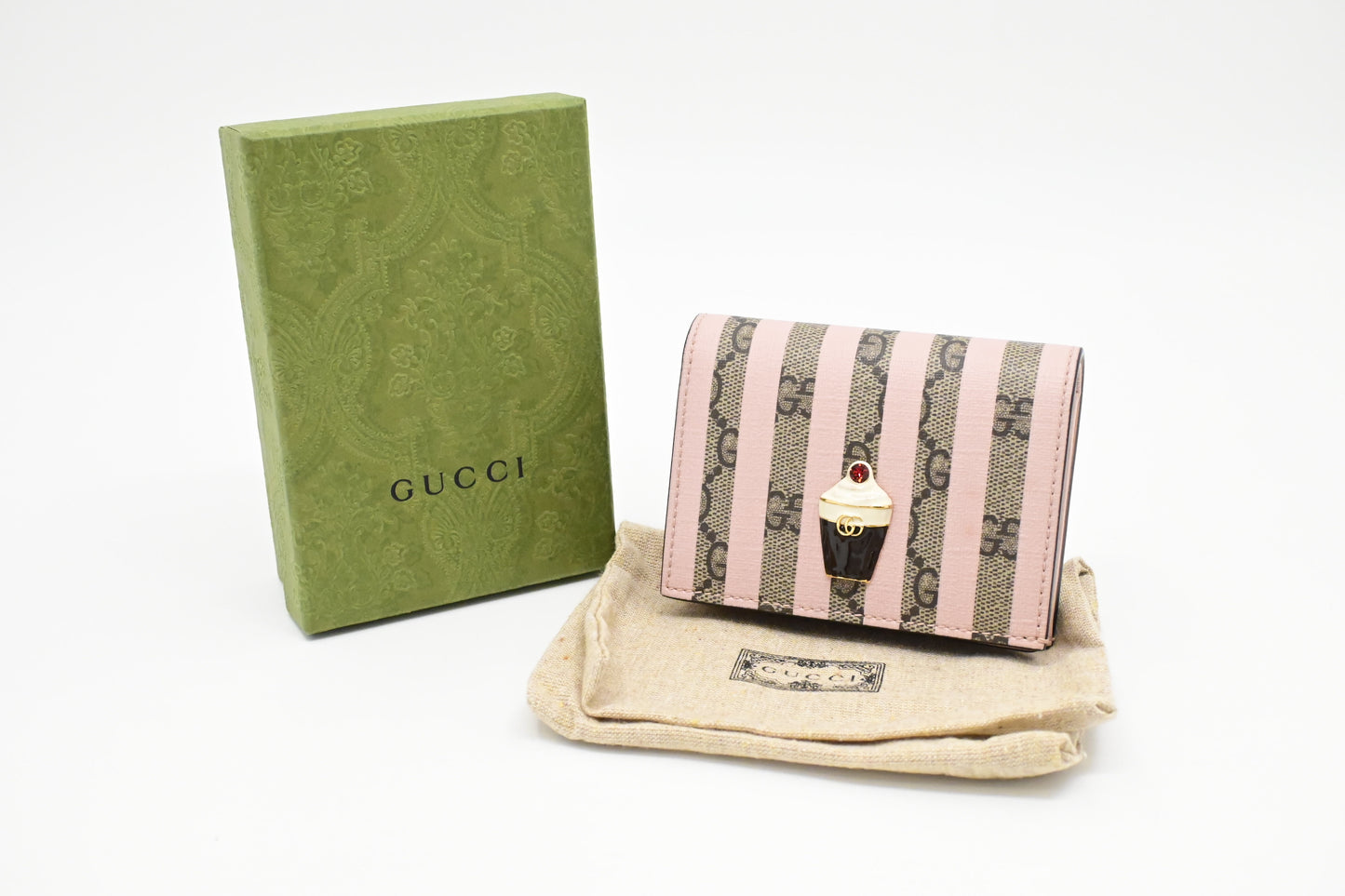 Gucci Love Parade Card Case Wallet in Pink Striped GG Supreme Canvas