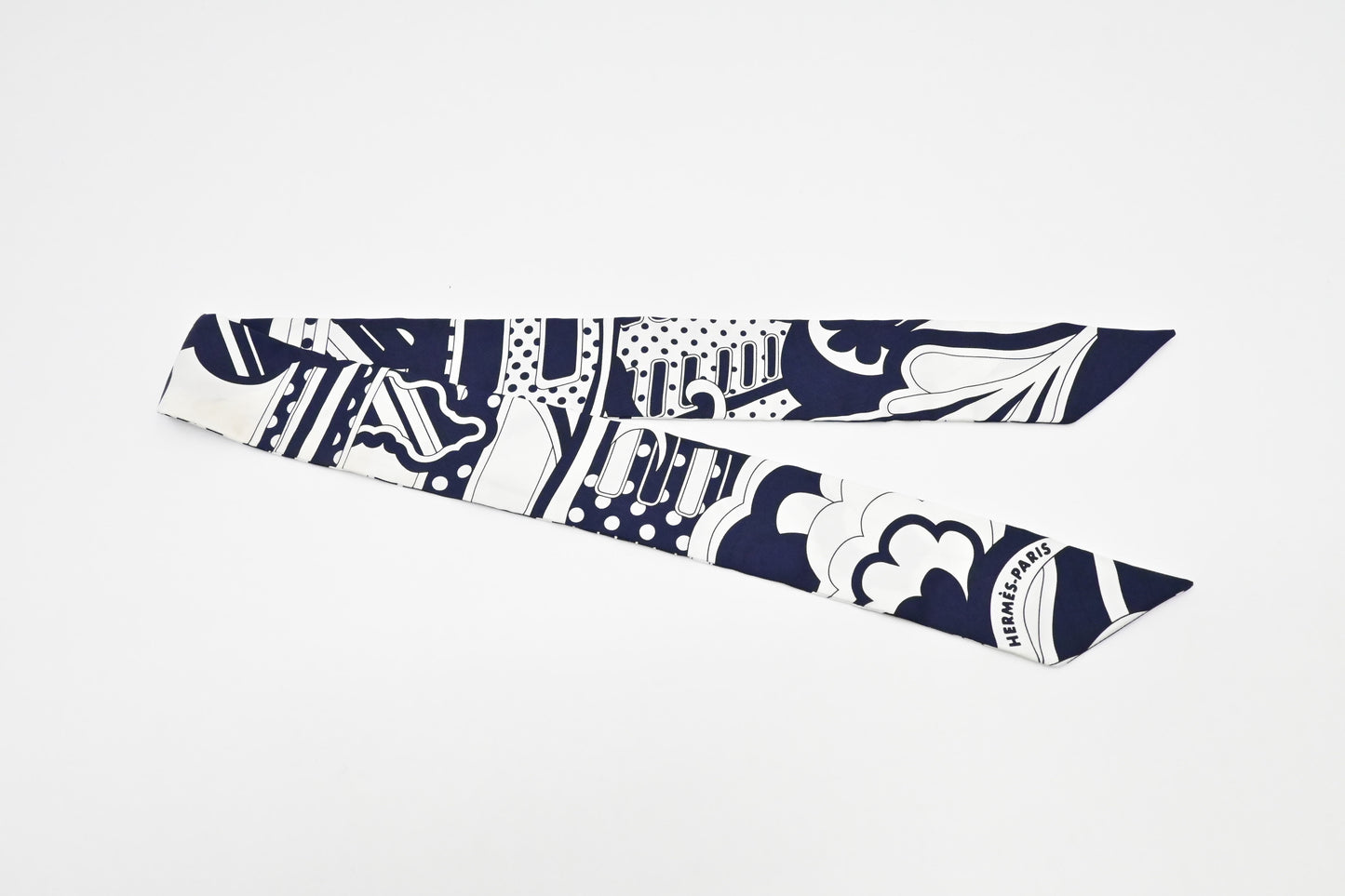 Hermes Twilly in White and Navy Blue Silk