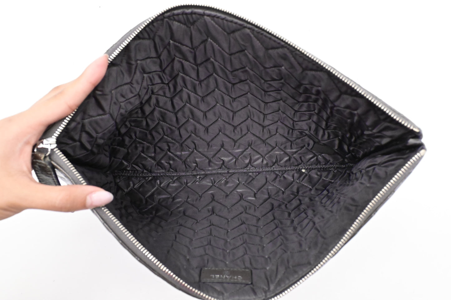 Chanel Medium O Case in Gray Patent Leather