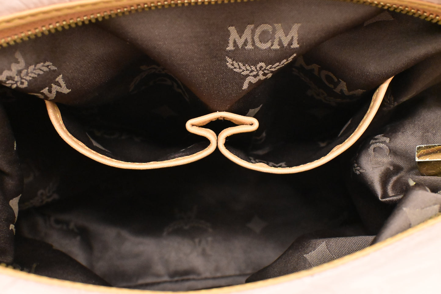 MCM 2way Bag in Beige Canvas and Pink Leather