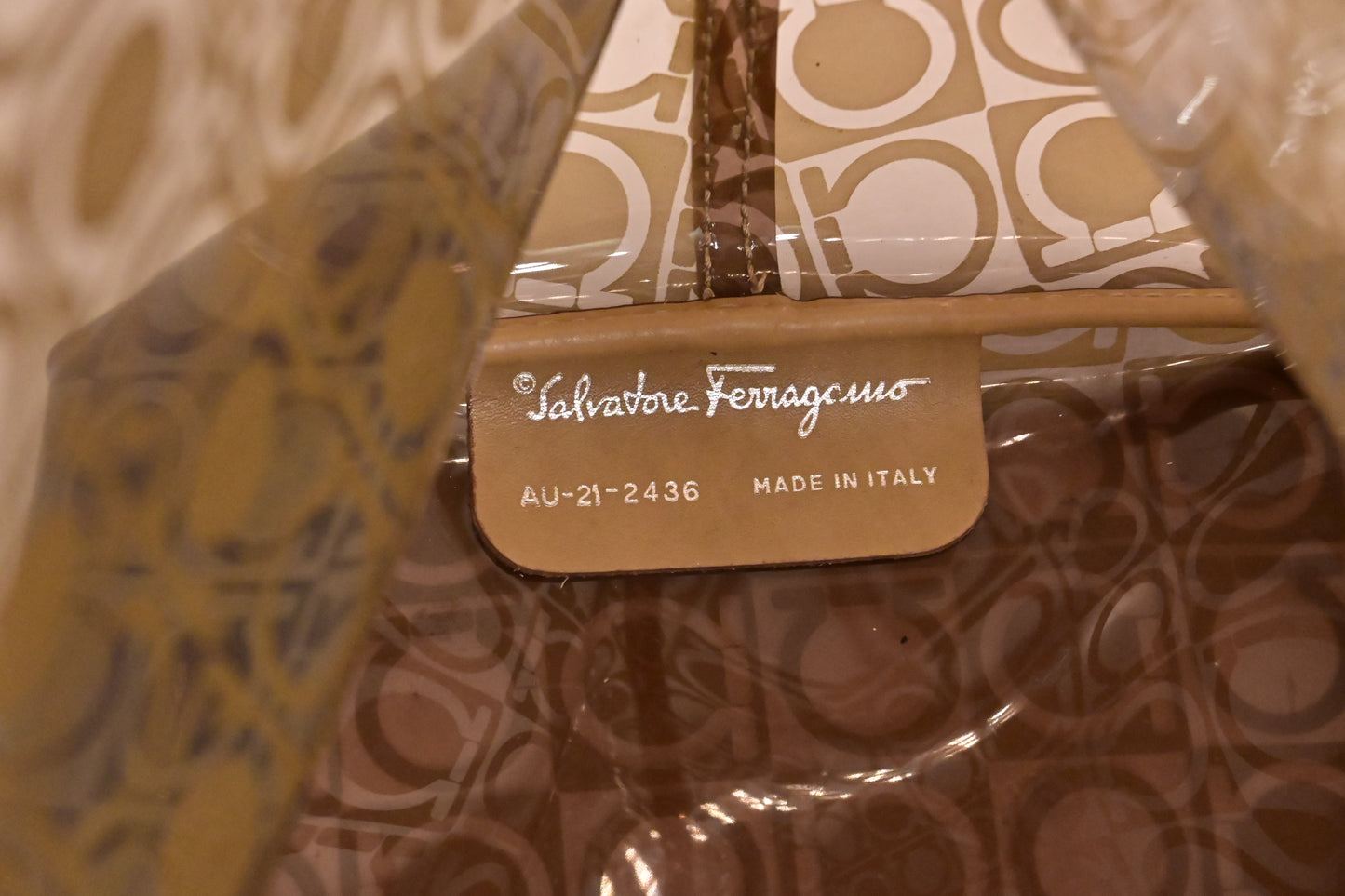 Ferragamo Gancio Hobo Bag in Beige & Brown Vinyl