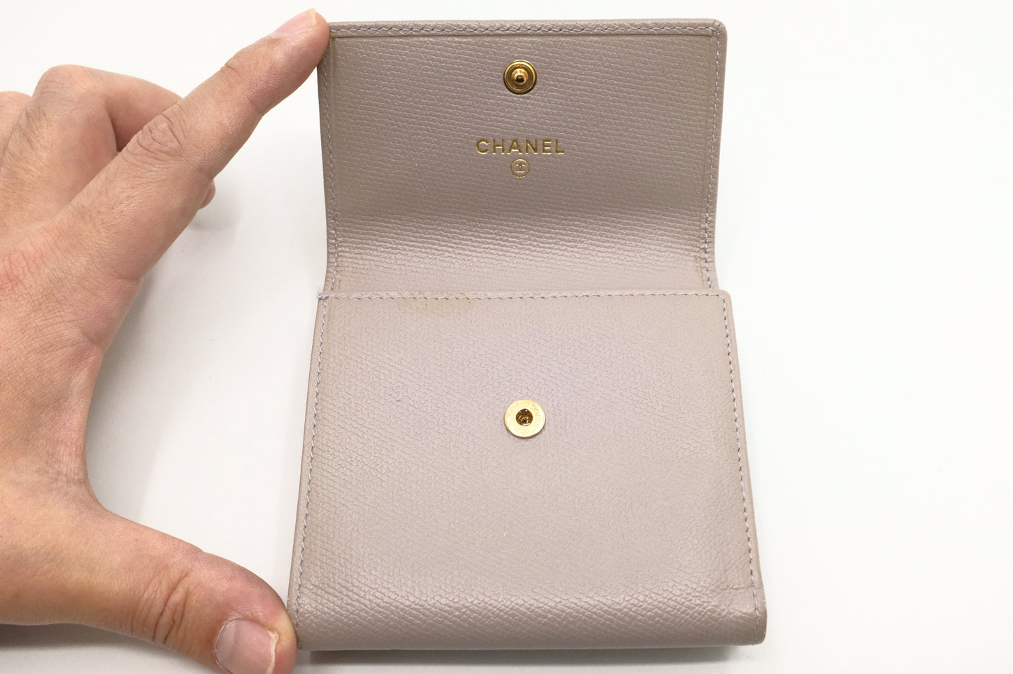 Chanel Compact Wallet in Grey Beige Leather