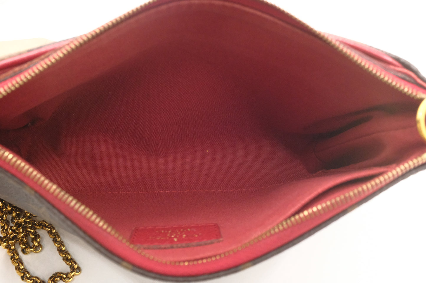 Louis Vuitton Pallas Clutch in Monogram Canvas and Red Leather