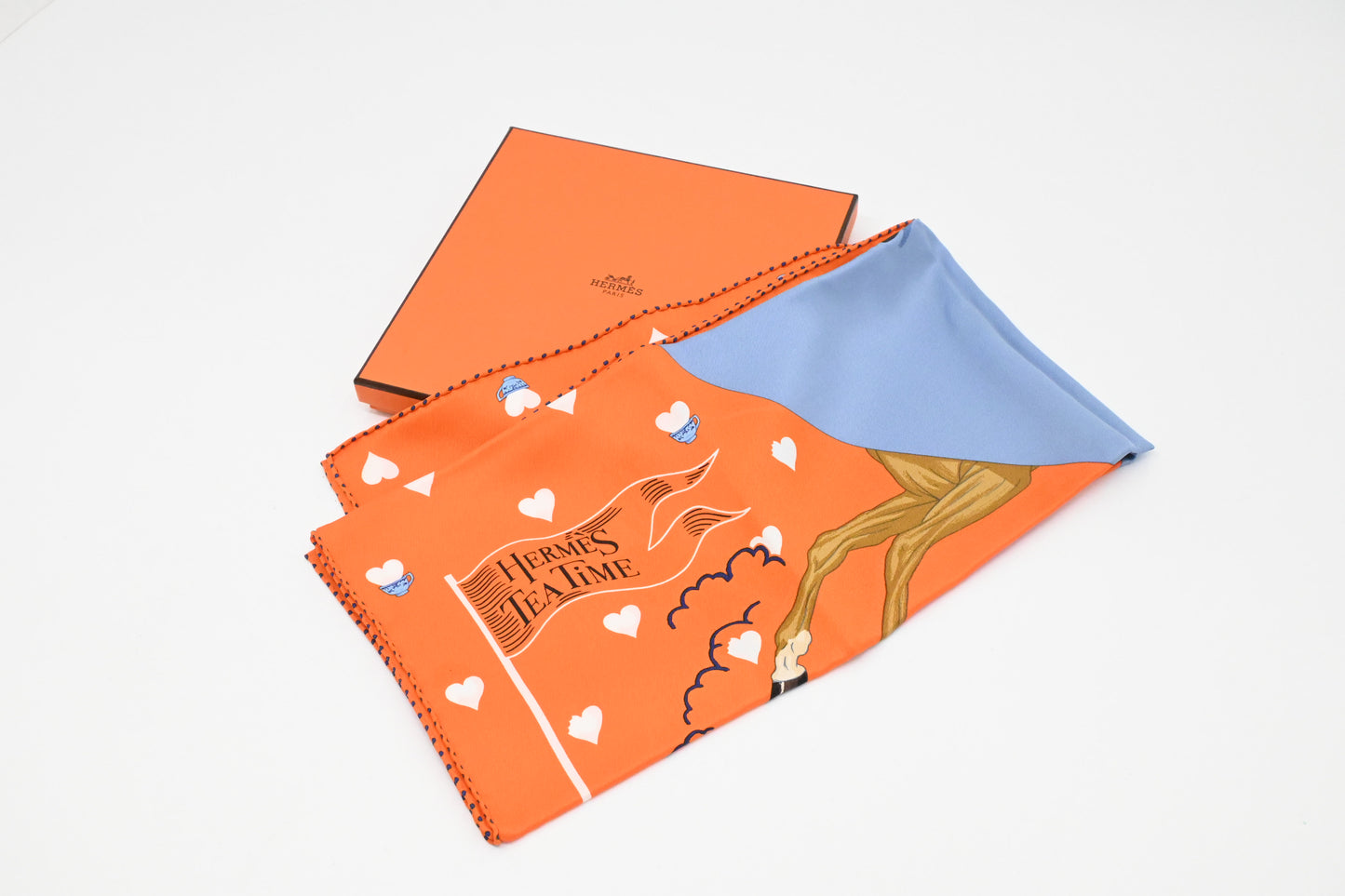 Hermes 'Tea Time' Carre 70 in Orange and Blue Silk