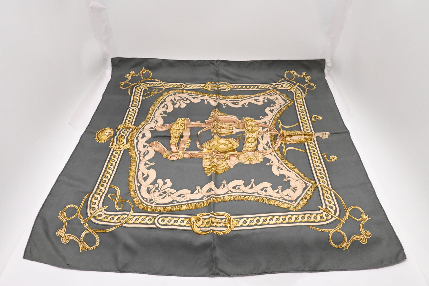 Hermes 'Bride de Cour' Carre 90 in Gray Silk