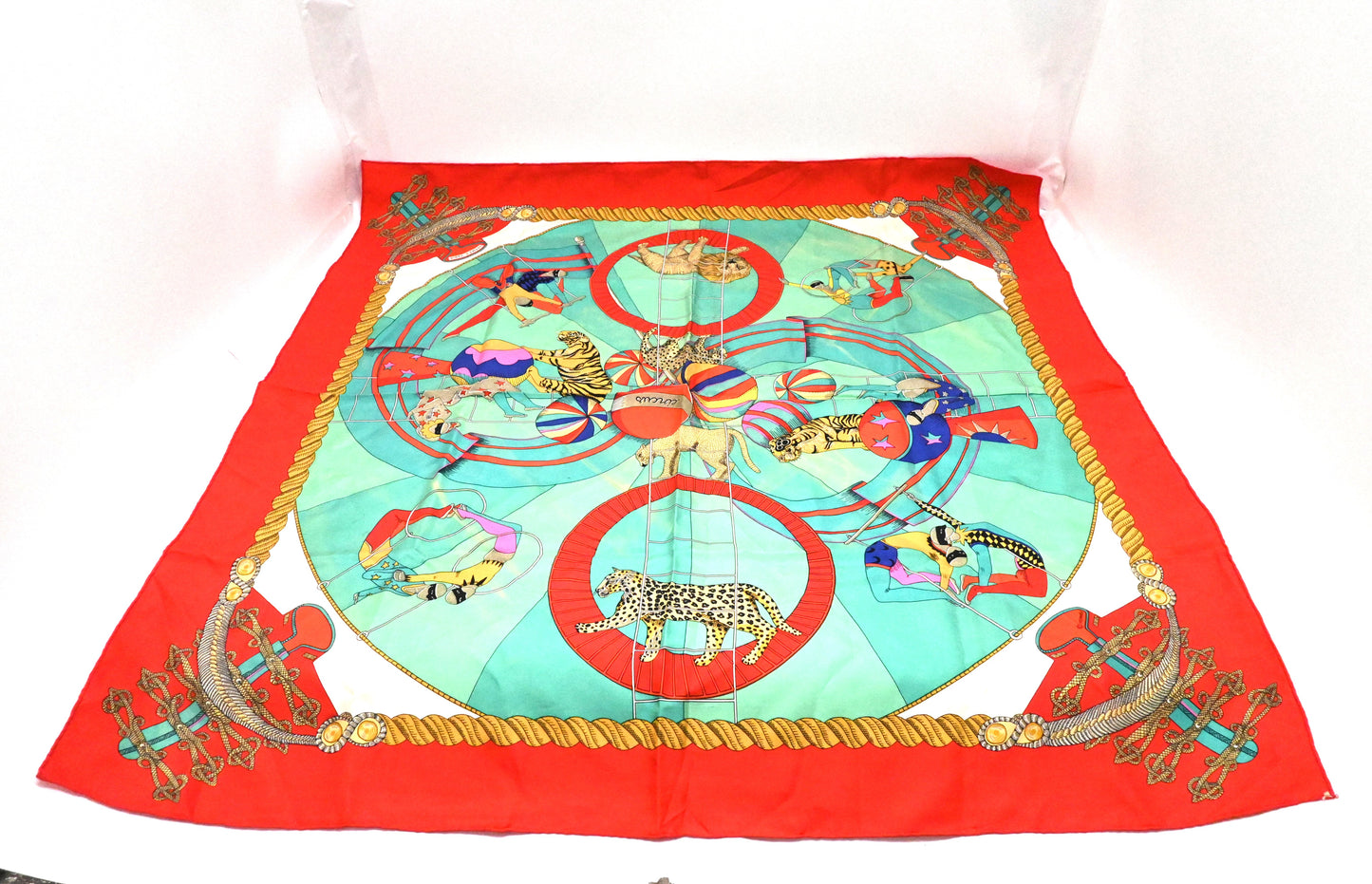 Hermes 'Circus' Carre 90 in Light Red & Turquoise Silk
