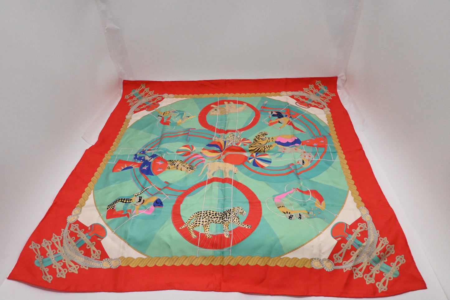 Hermes 'Circus' Carre 90 in Light Red & Turquoise Silk