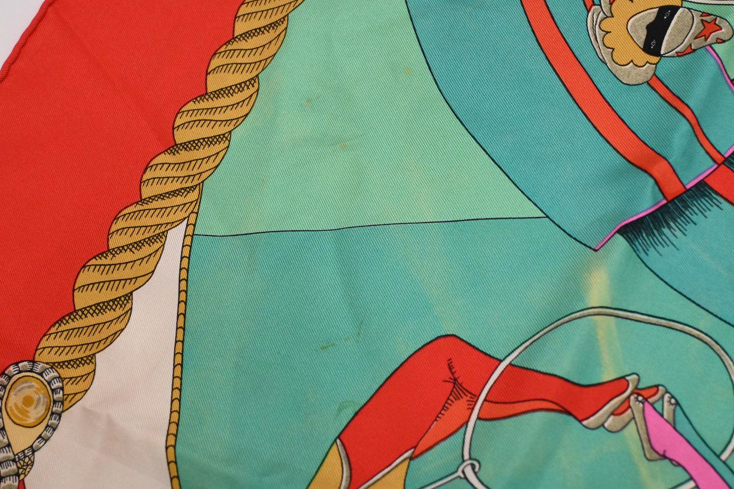 Hermes 'Circus' Carre 90 in Light Red & Turquoise Silk