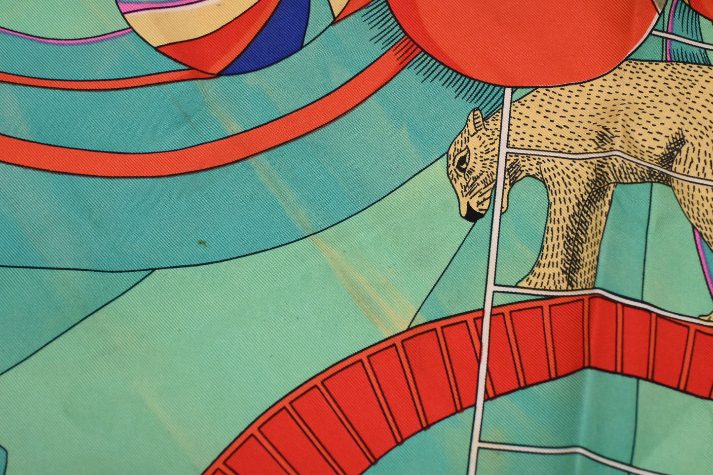 Hermes 'Circus' Carre 90 in Light Red & Turquoise Silk