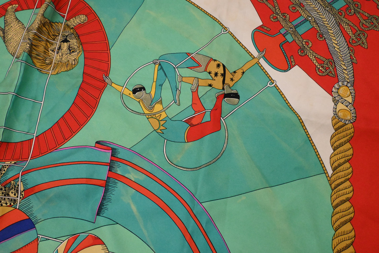 Hermes 'Circus' Carre 90 in Light Red & Turquoise Silk