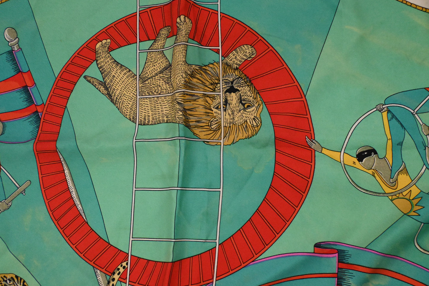 Hermes 'Circus' Carre 90 in Light Red & Turquoise Silk