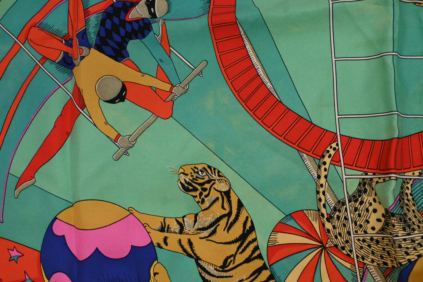 Hermes 'Circus' Carre 90 in Light Red & Turquoise Silk