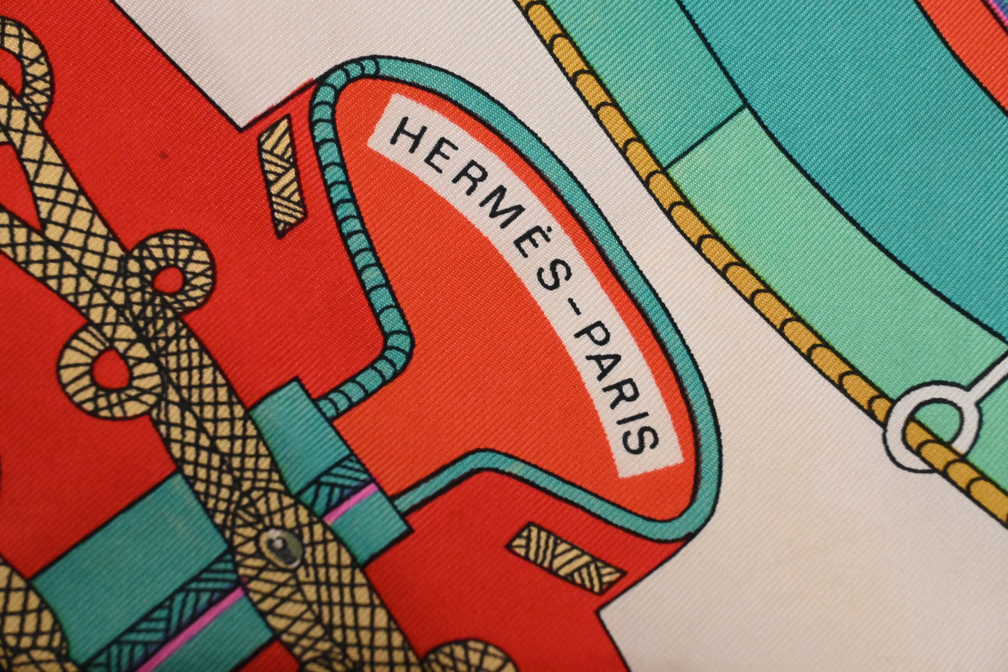 Hermes 'Circus' Carre 90 in Light Red & Turquoise Silk