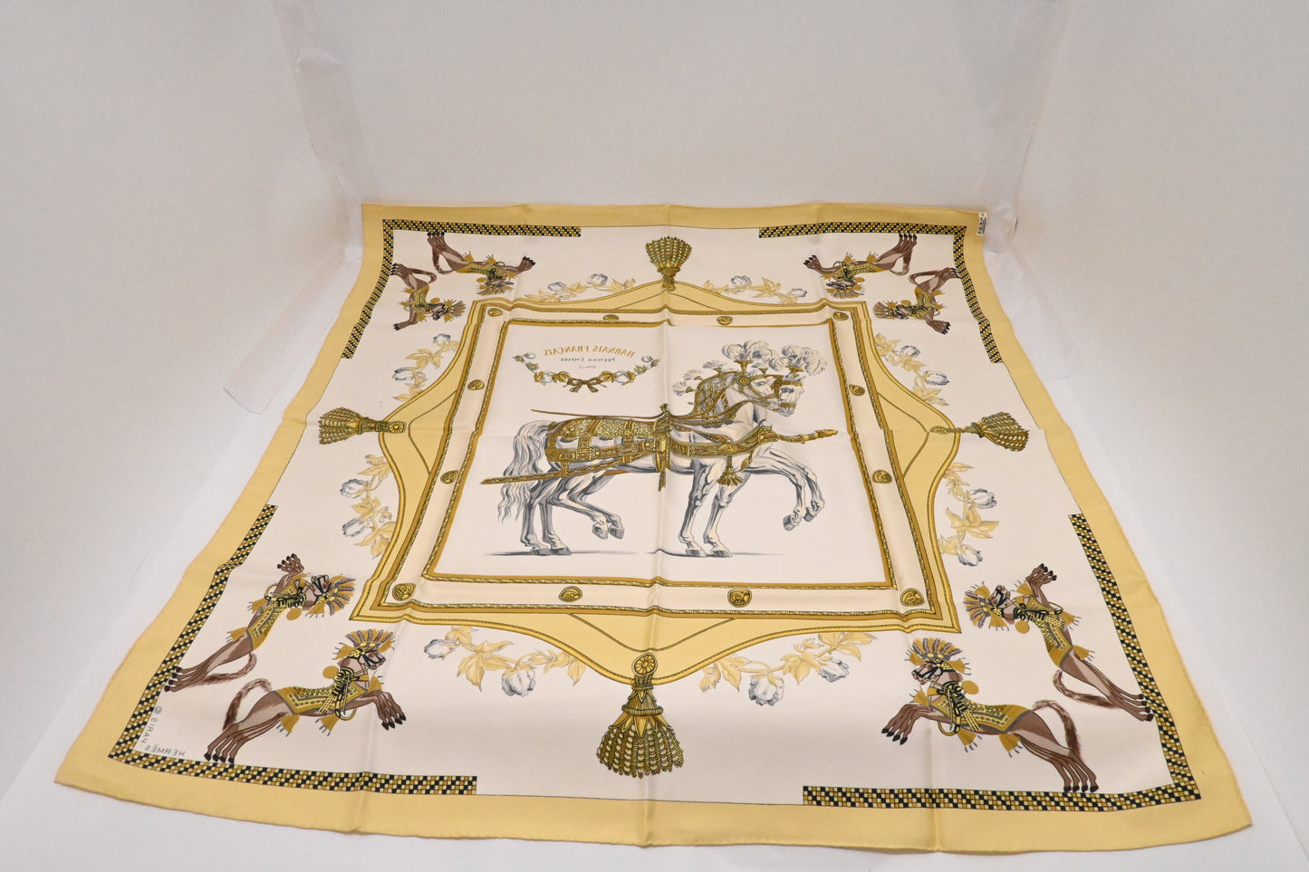 Hermes 'Harnais Francais' Carre 90 in Light Yellow Silk