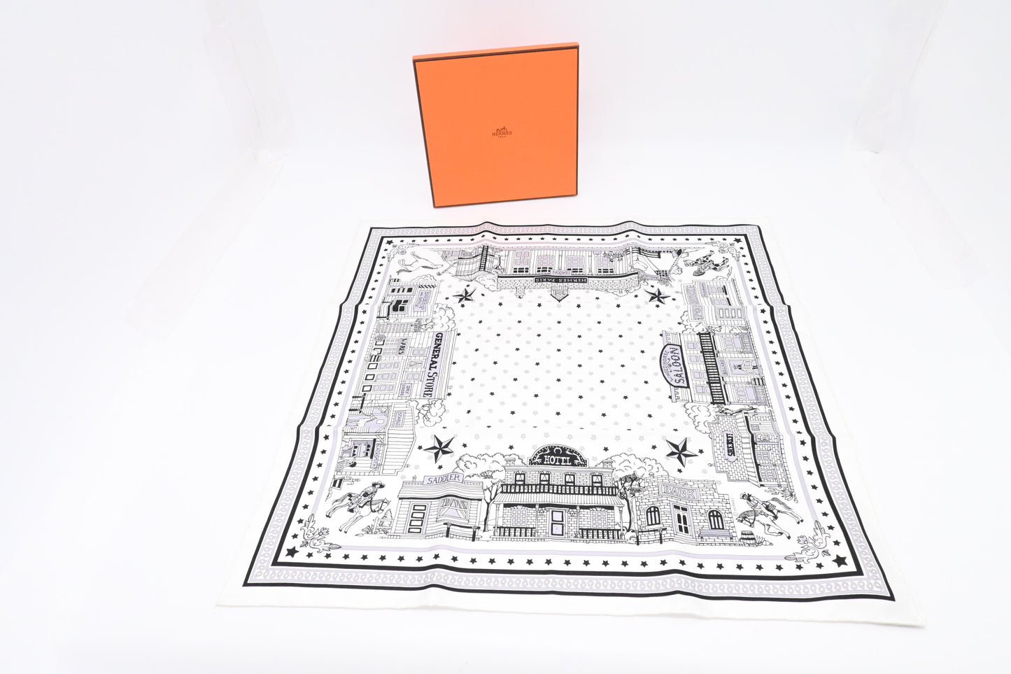 Hermes 'Paris Station' Carre 55 in White and Black Silk