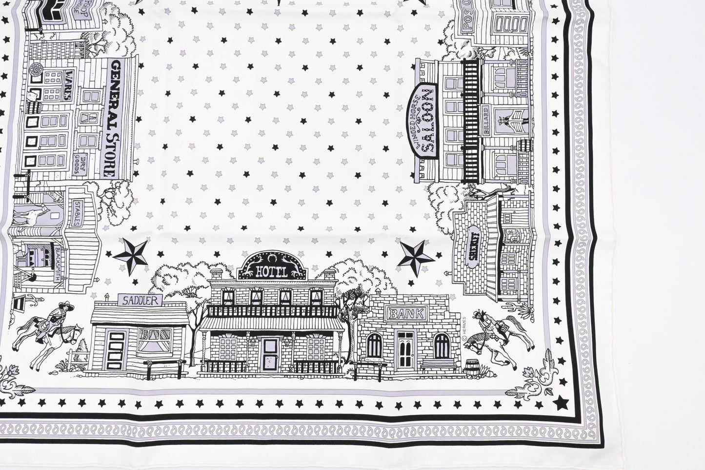 Hermes 'Paris Station' Carre 55 in White and Black Silk