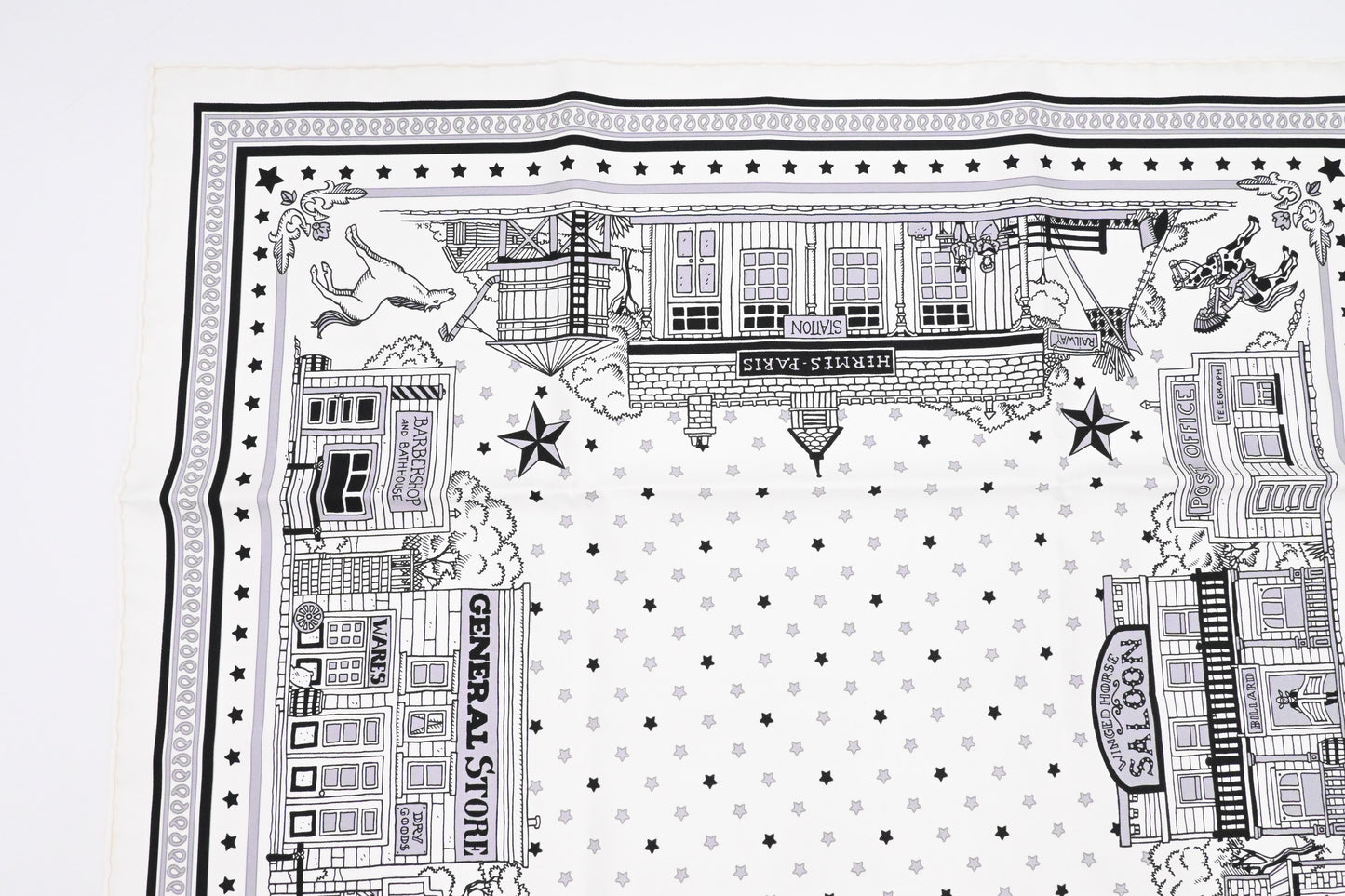 Hermes 'Paris Station' Carre 55 in White and Black Silk