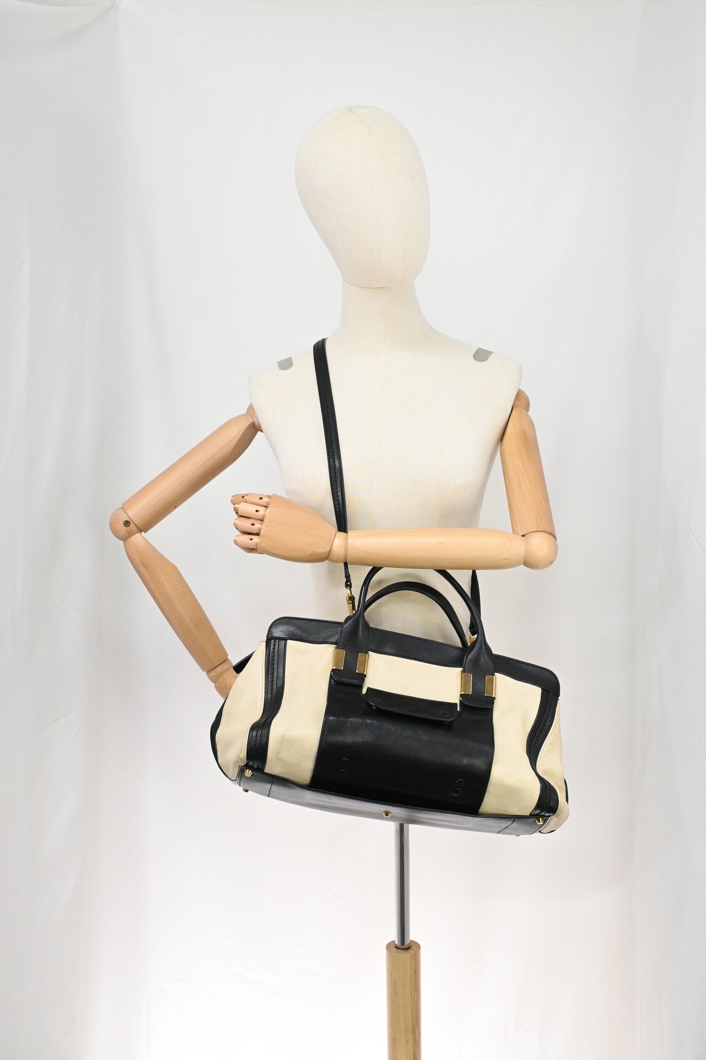 Chloe Alice Two Way Tote Bag in Cream and Black Leather