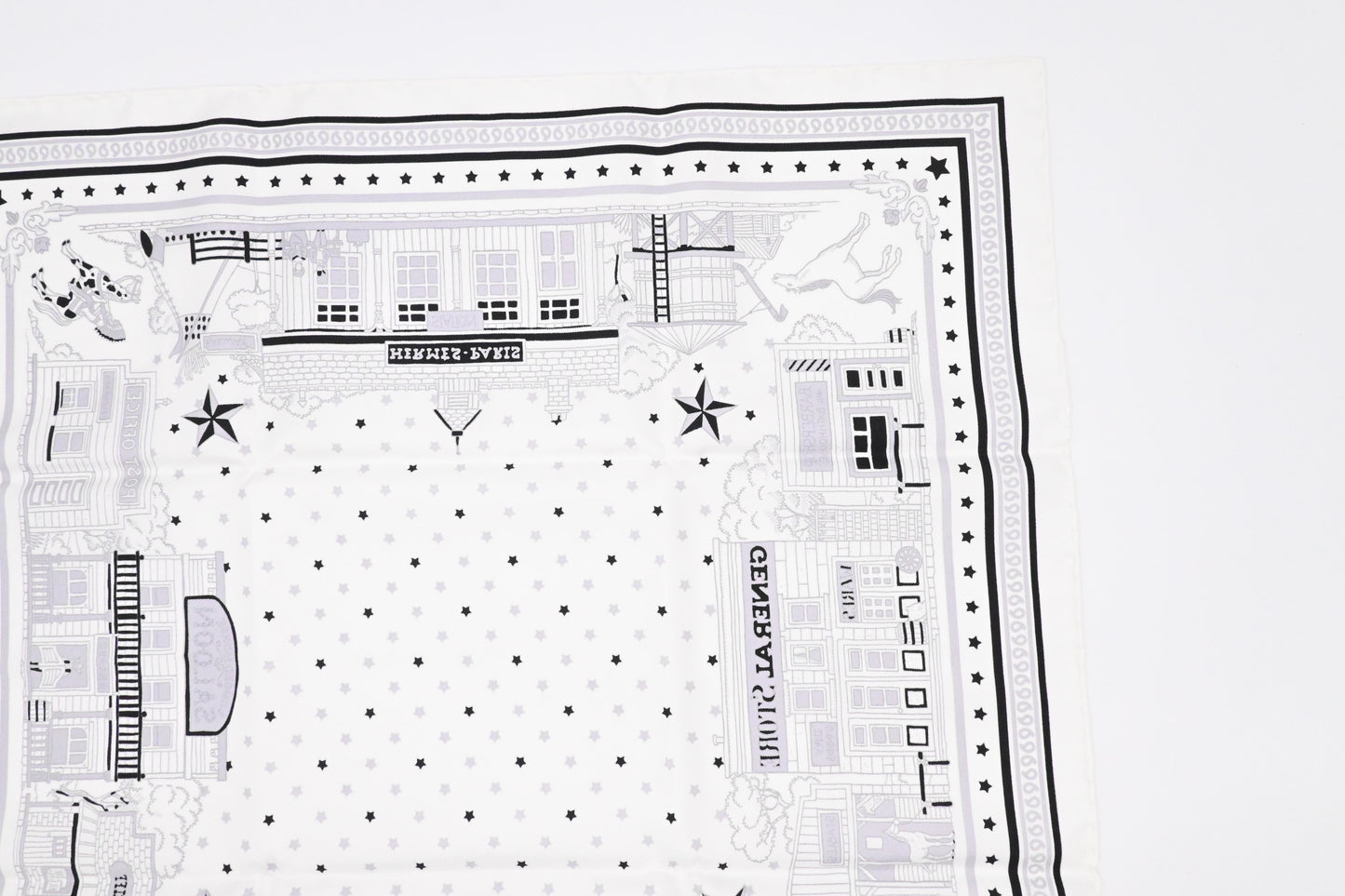 Hermes 'Paris Station' Carre 55 in White and Black Silk