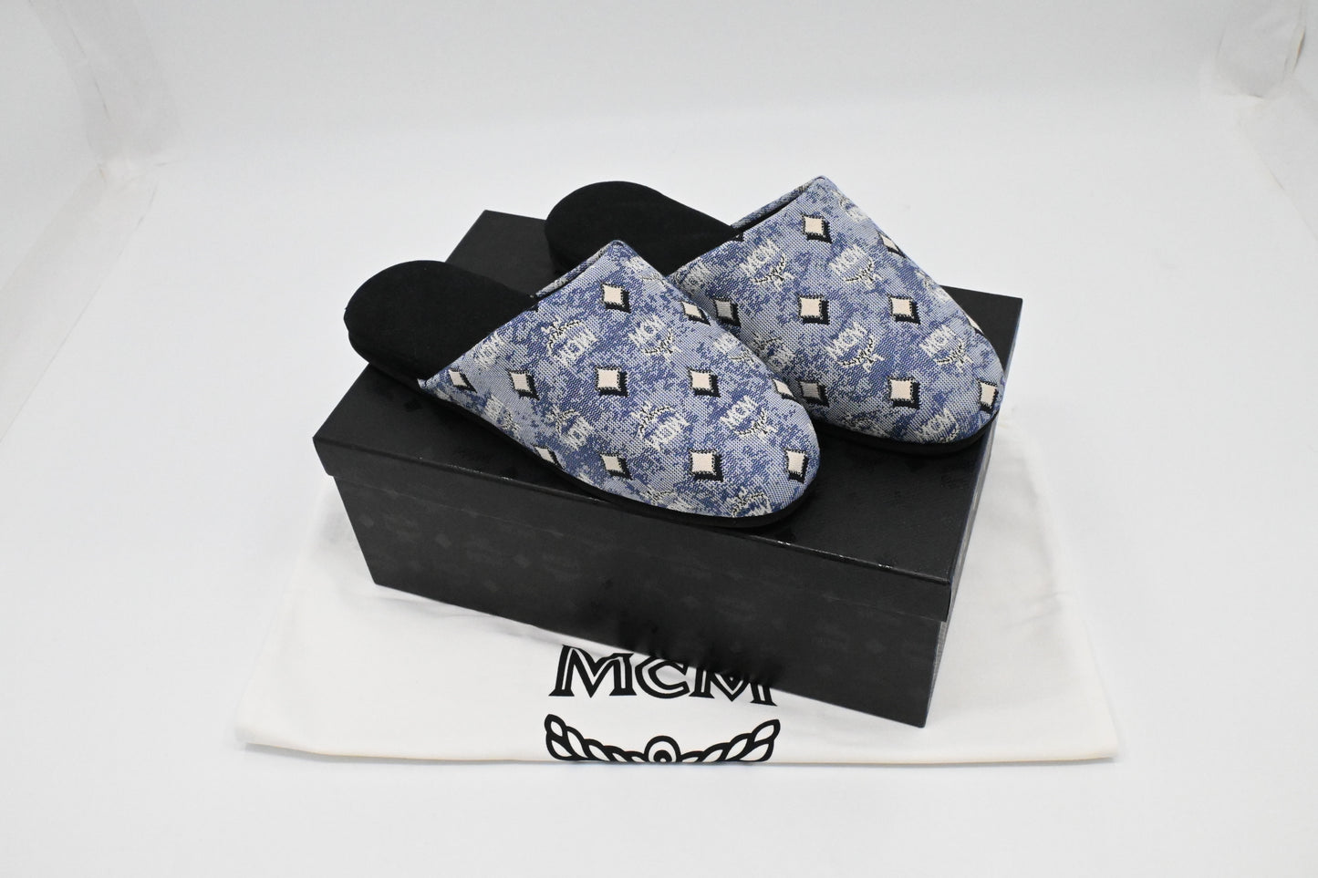 MCM Interior Slippers in Black and Blue Canvas