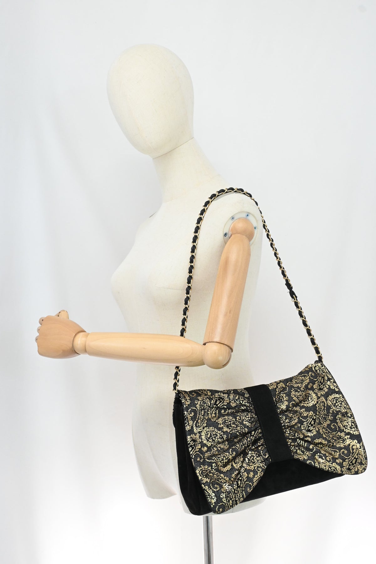 Bally Clutch on Chain in Black, Grey and Gold Leather