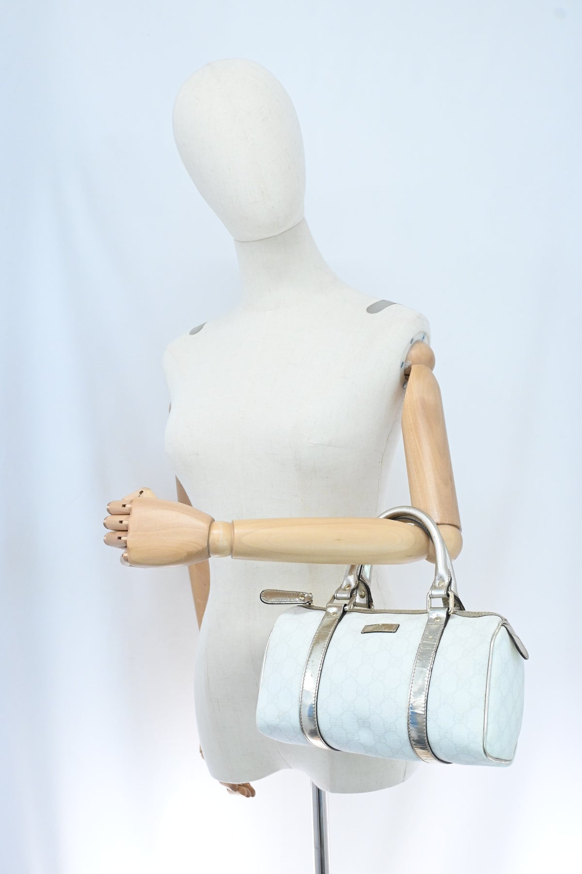Gucci Mini Boston Bag in White GG Canvas and Gold Leather