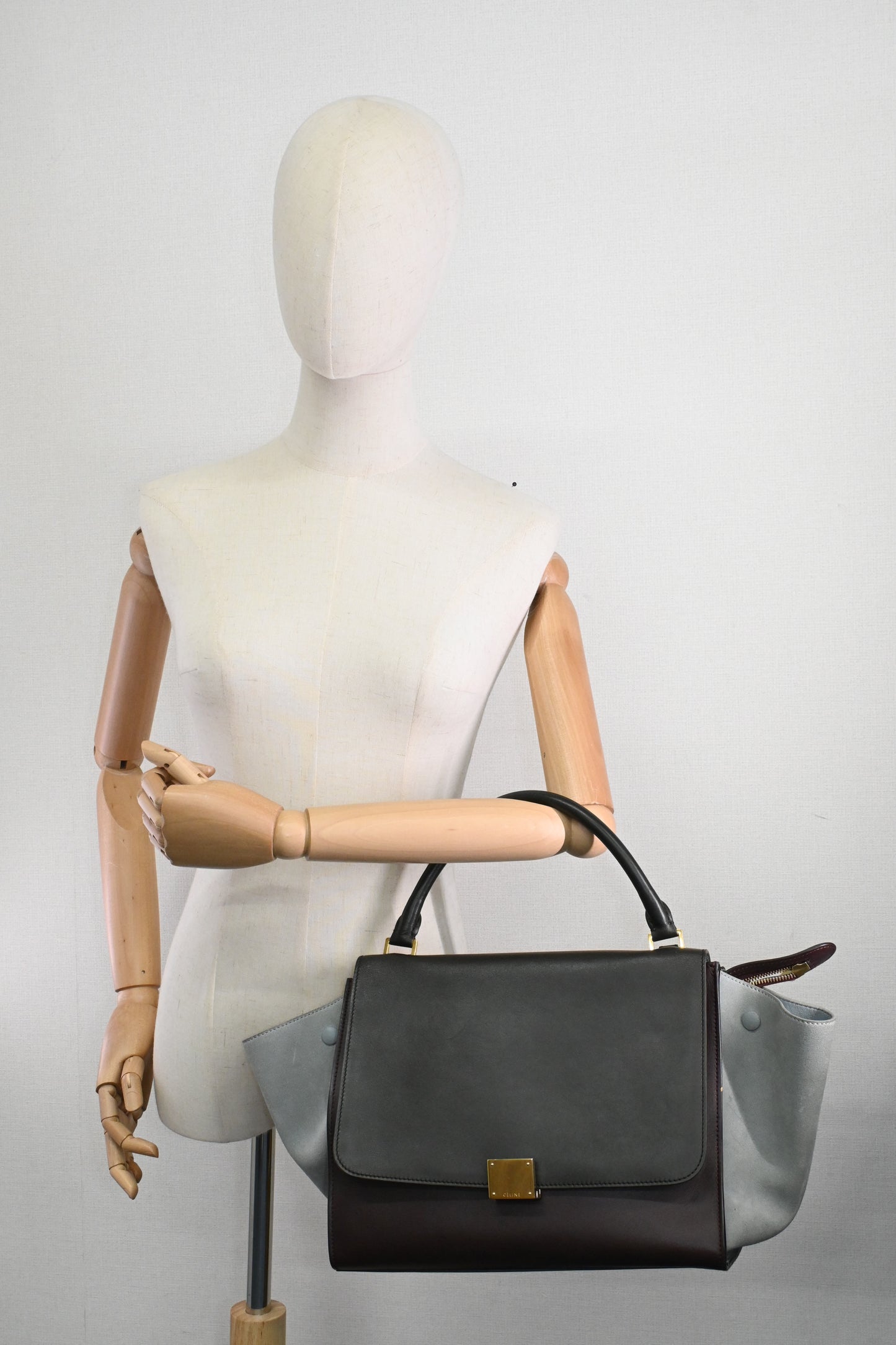 Celine Trapeze in Light Blue, Bordeaux, and Brown Leather