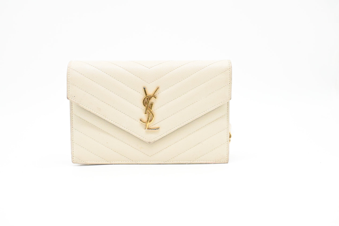 YSL Saint Laurent Cassandra Clutch on Chain in White Grain de Poudre Leather