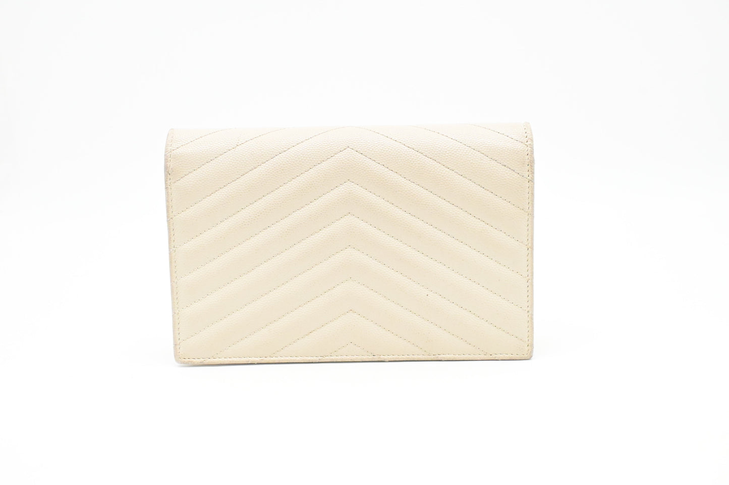 YSL Saint Laurent Cassandra Clutch on Chain in White Grain de Poudre Leather