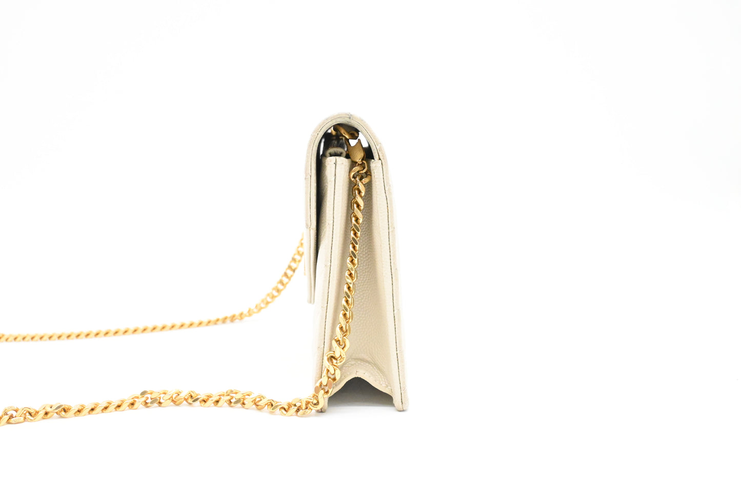 YSL Saint Laurent Cassandra Clutch on Chain in White Grain de Poudre Leather