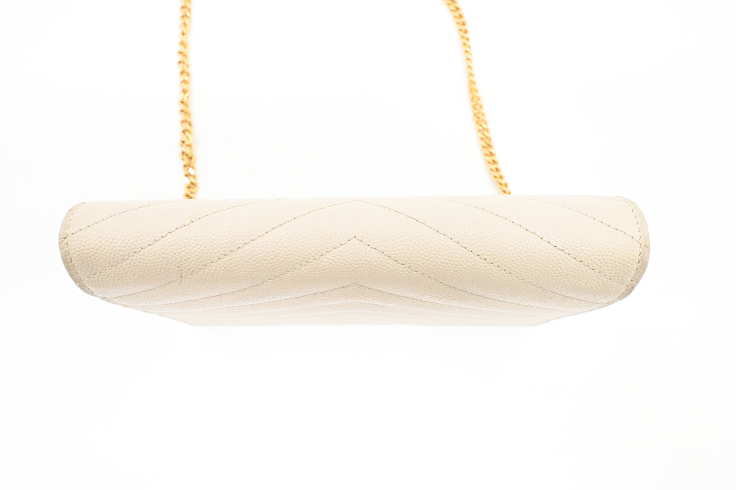 YSL Saint Laurent Cassandra Clutch on Chain in White Grain de Poudre Leather