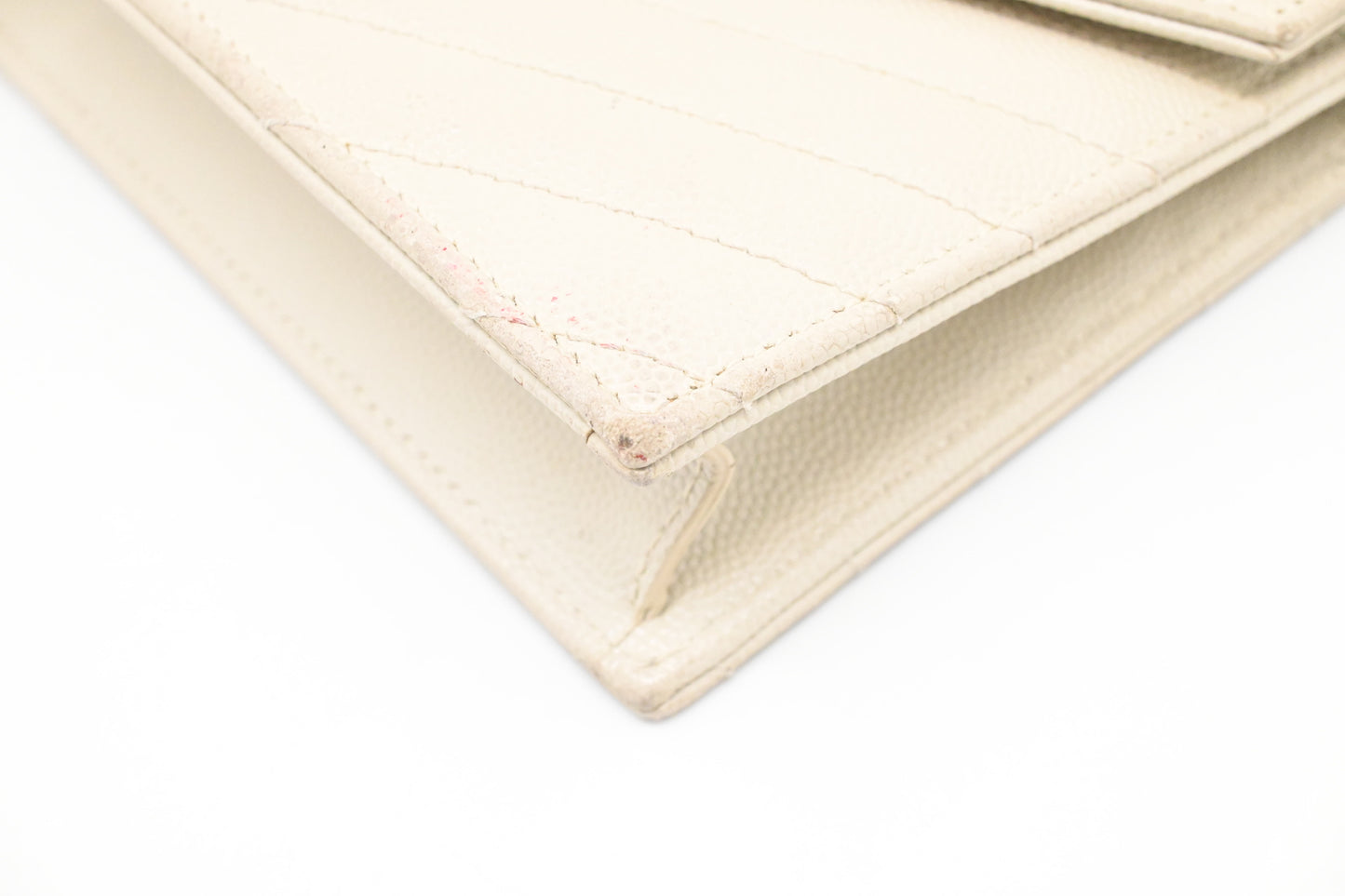 YSL Saint Laurent Cassandra Clutch on Chain in White Grain de Poudre Leather
