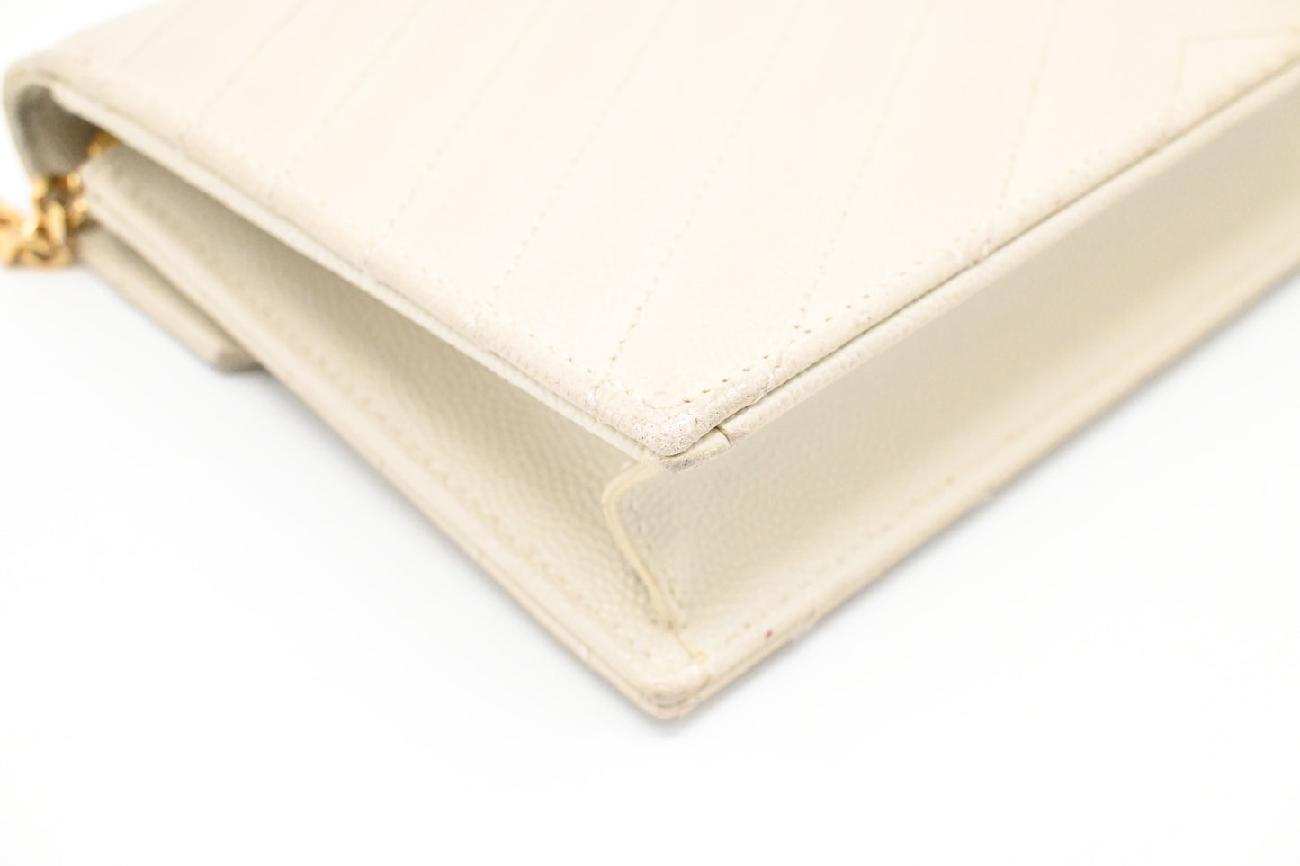 YSL Saint Laurent Cassandra Clutch on Chain in White Grain de Poudre Leather