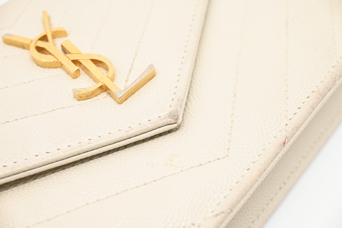 YSL Saint Laurent Cassandra Clutch on Chain in White Grain de Poudre Leather