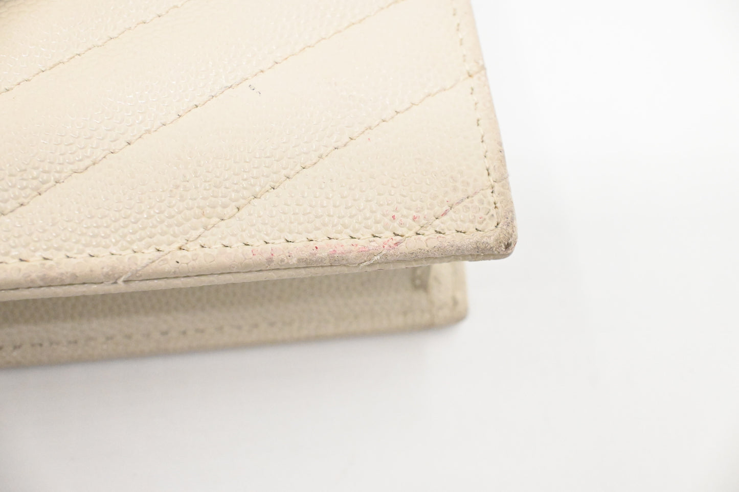 YSL Saint Laurent Cassandra Clutch on Chain in White Grain de Poudre Leather