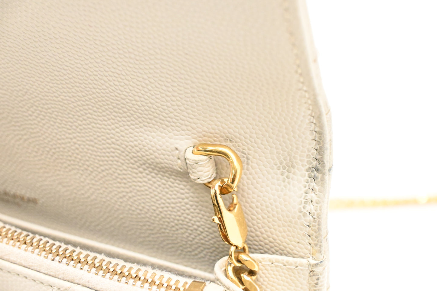 YSL Saint Laurent Cassandra Clutch on Chain in White Grain de Poudre Leather