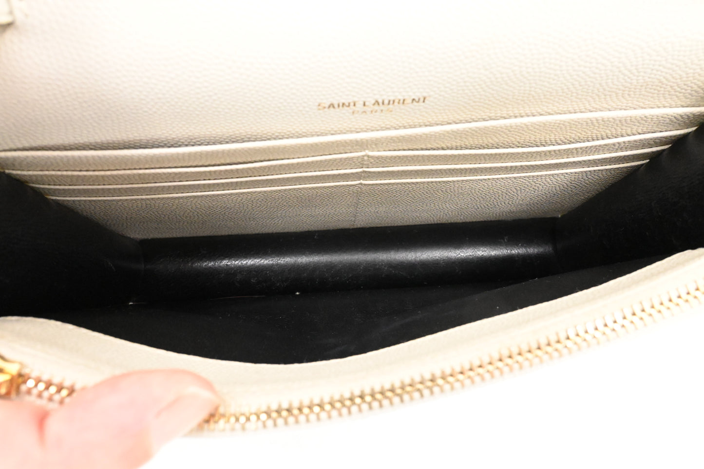 YSL Saint Laurent Cassandra Clutch on Chain in White Grain de Poudre Leather