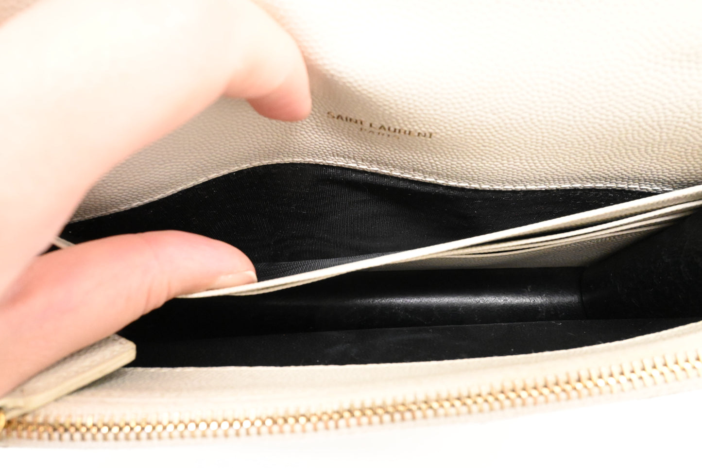 YSL Saint Laurent Cassandra Clutch on Chain in White Grain de Poudre Leather